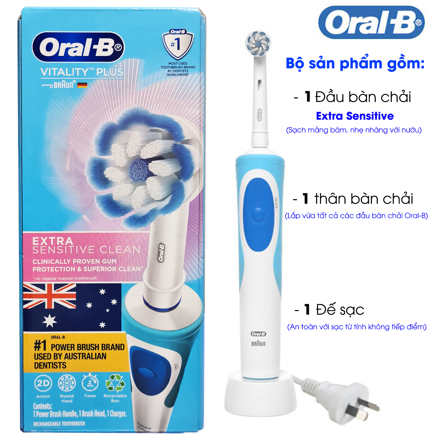 Bàn chải điện Oral B Vitality Plus Extra Sensitive Clean dịu nhẹ với nướu dành cho răng nhạy cảm quatangme-com-vn