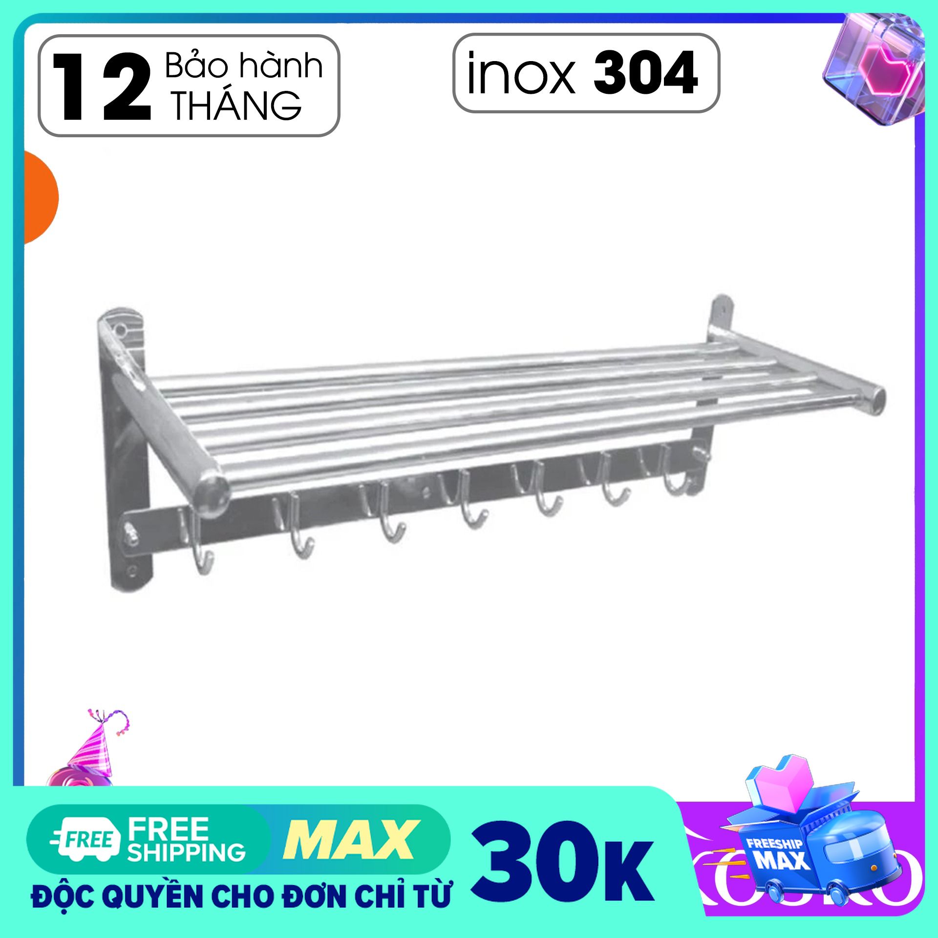 Kệ vắt khăn phòng tắm inox 2 Tầng Có móc treo Vinahasa VK5804 loại dày – nặng Cao Cấp không han gỉ Dễ dàng lắp đặt – không cần gọi thợ