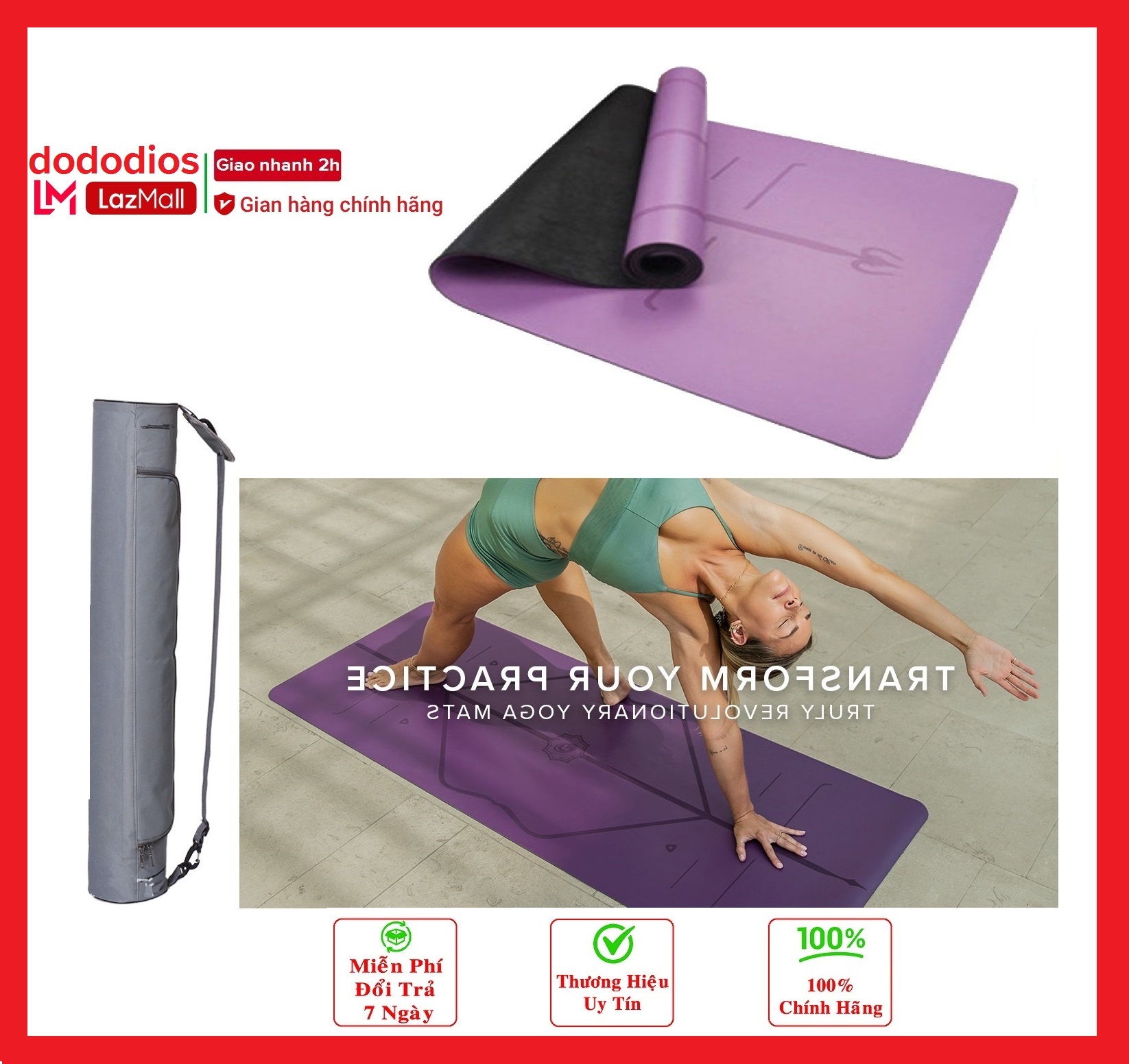 [LOẠI XỊN - PU] Thảm tập yoga định tuyến da pu cao cấp chính hãng dododios + túi đựng thảm tập yoga + dây buộc thảm yoga định tuyến - MÀU Tím