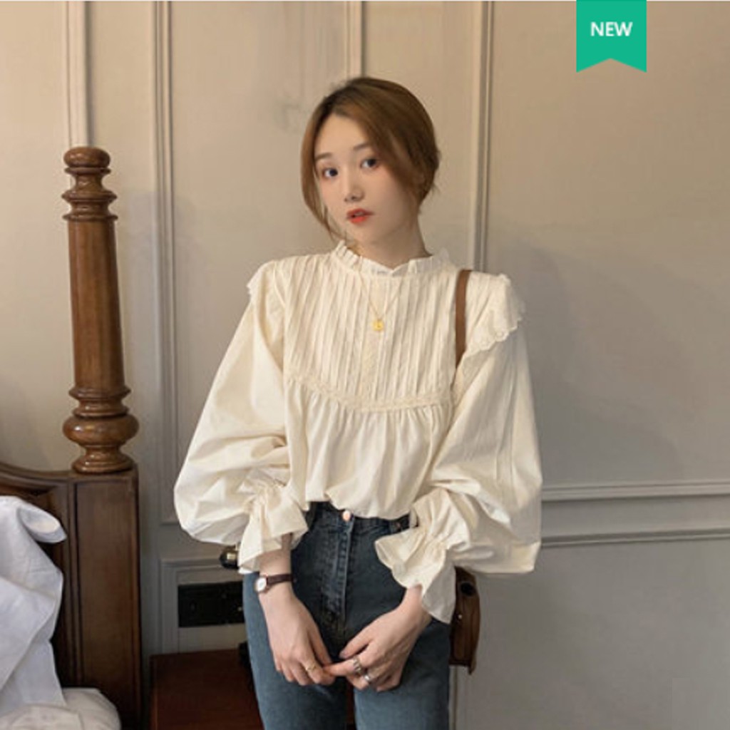 Áo Sơ Mi Nữ Cổ Điển Kiểu Pháp Dài Tay Xếp Ly Cổ Ren Nhẹ Nhàng, Áo Kiểu Nữ  Màu Trắng Be Cực Xinh -Cka139 | Lazada.Vn