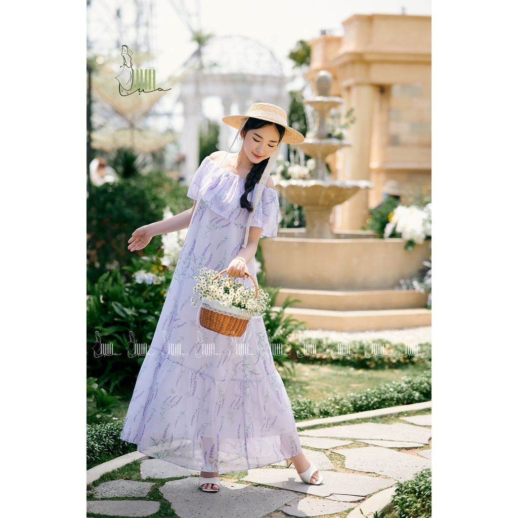 Váy maxi trễ vai đi biển Hạ Vân mùa hè tiểu thư - Đầm maxi hở vai đuôi cá hoa nhí tím mộng mơ đi du lịch NHÀ LỤA V06