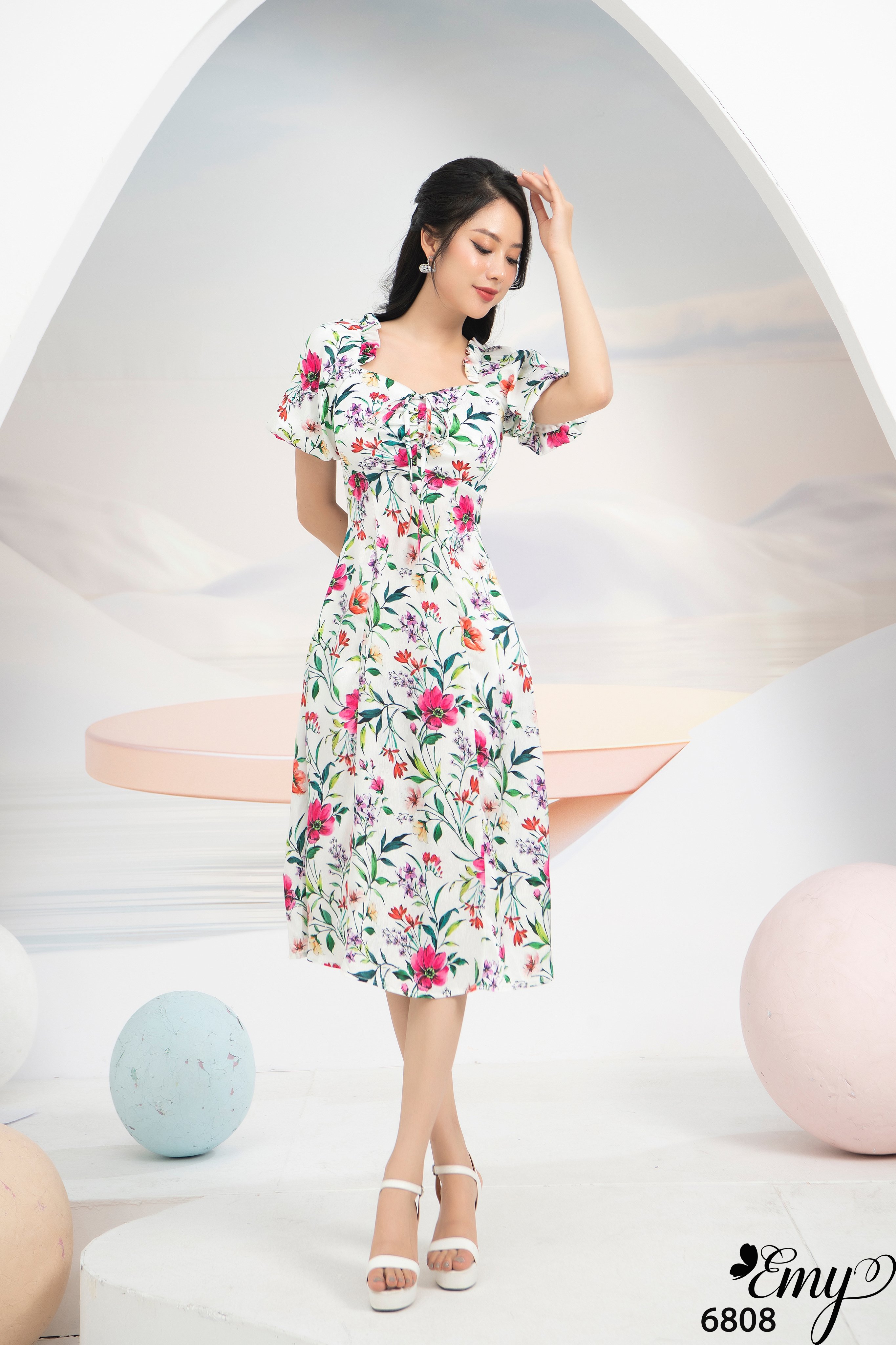 Đầm emy em6808 xoè midi tay trái bí