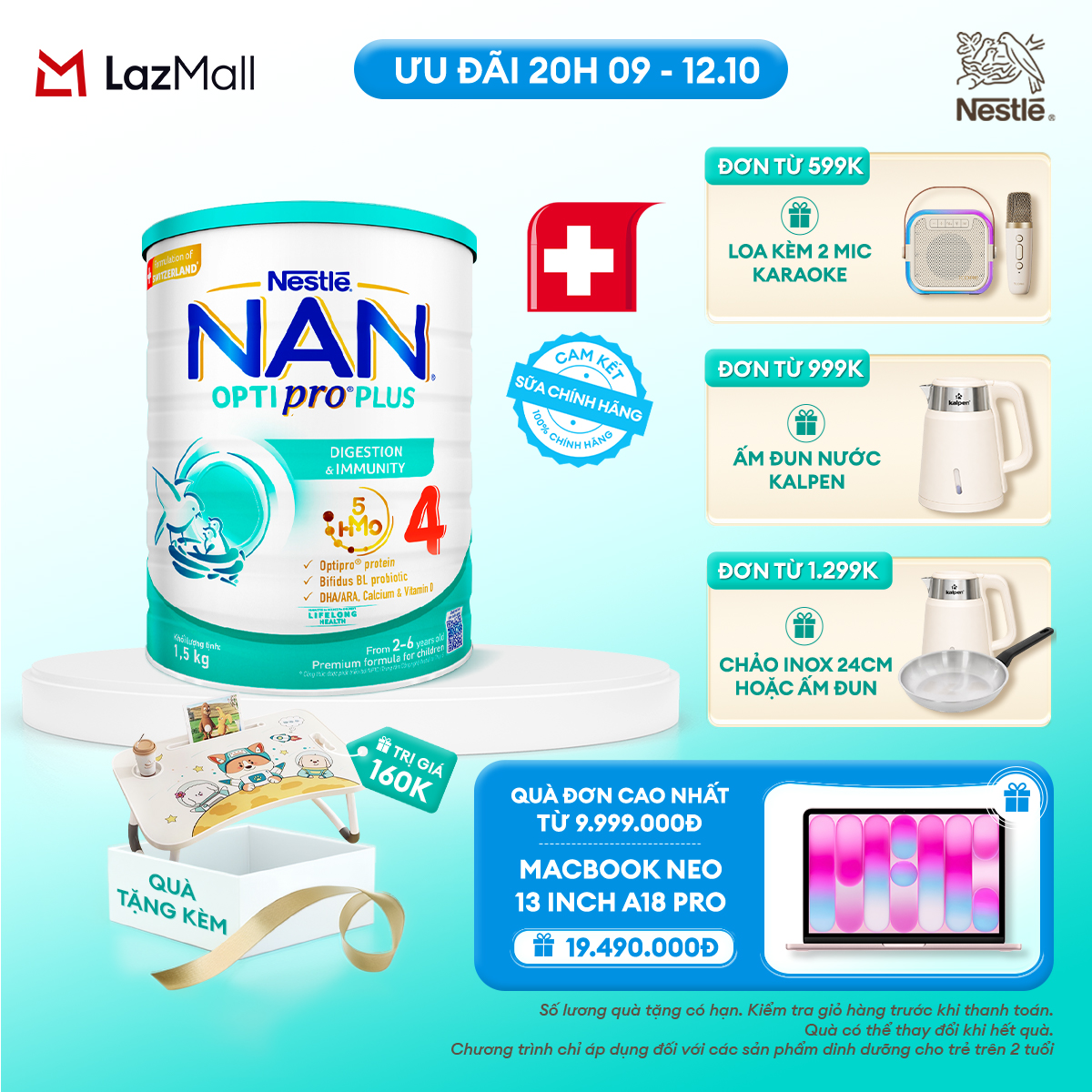 [CHỈ 20h 9-12.10 QT ĐƠN 599K/999K/1299K] [Tặng bàn gấp gọn] Sữa bột Nestlé NAN OPTIPRO PLUS 4 1500g/lon với 5HMO Giúp tiêu hóa tốt