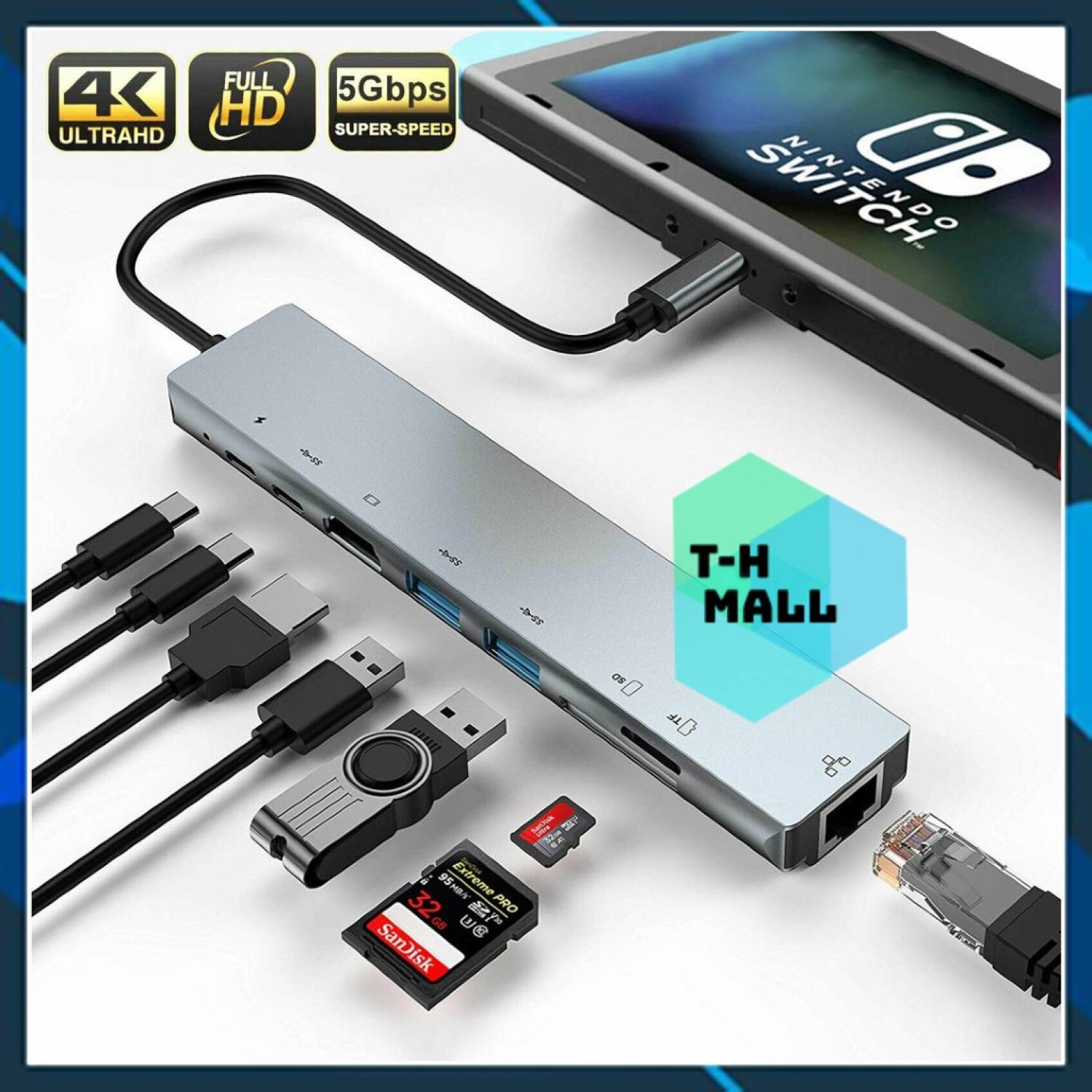 Bộ Chuyển Đổi Hub 6 trong 1 / 8 trong 1 Type C Sang HDMI RJ45 USB 3.0 PD Type-C 6 in 1 / 8 in 1 hỗ trợ 4K