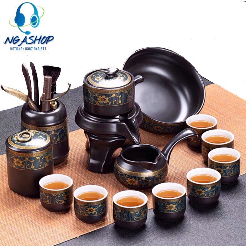 Bộ ấm chén pha trà đẹp Cối xay gốm sứ cao cấp,Bộ chén uống trà đạo 19 chi tiết hoa cẩm lòng chén trắng giá rẻ - Shop NGA SHOP