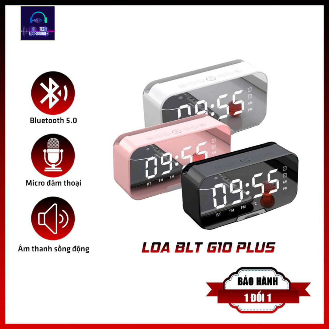 Loa bluetooth kiêm đồng hồ báo thức G10 Plus màn hình tráng gương , Hiển thị đèn led , Nghe đài FM radio , Đo nhiệt độ , Đồng hồ decor , Đồng hồ điện tử để bàn