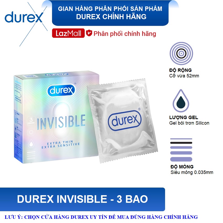 Bao cao su Durex Invisible 3 bao - Siêu mỏng , size 52mm cỡ vừa