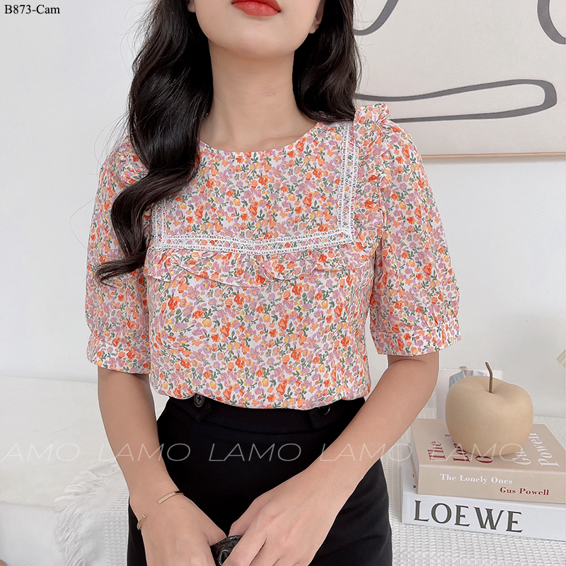 Áo sơ mi hoa cổ tròn viền ren -b873
