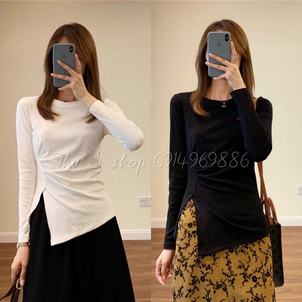 Áo thun nữ rúm eo dài tay vạt chéo xẻ tà chất cotton mỏng mềm mát có giãn thus900