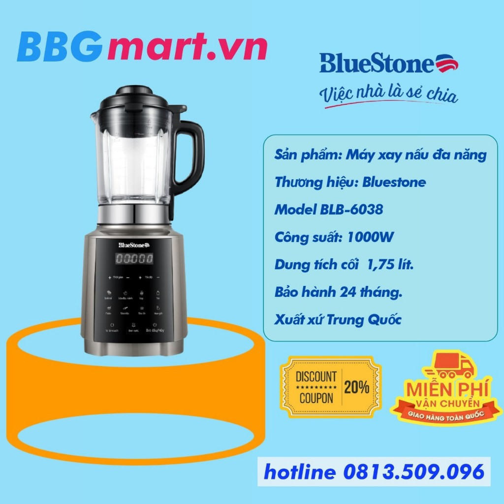 Máy Làm Sữa Hạt BlueStone BLB-6038, Mâm Nhiệt Chống Dính Ceramic, 1800W -1,75Lit, Hàng Chính Hãng