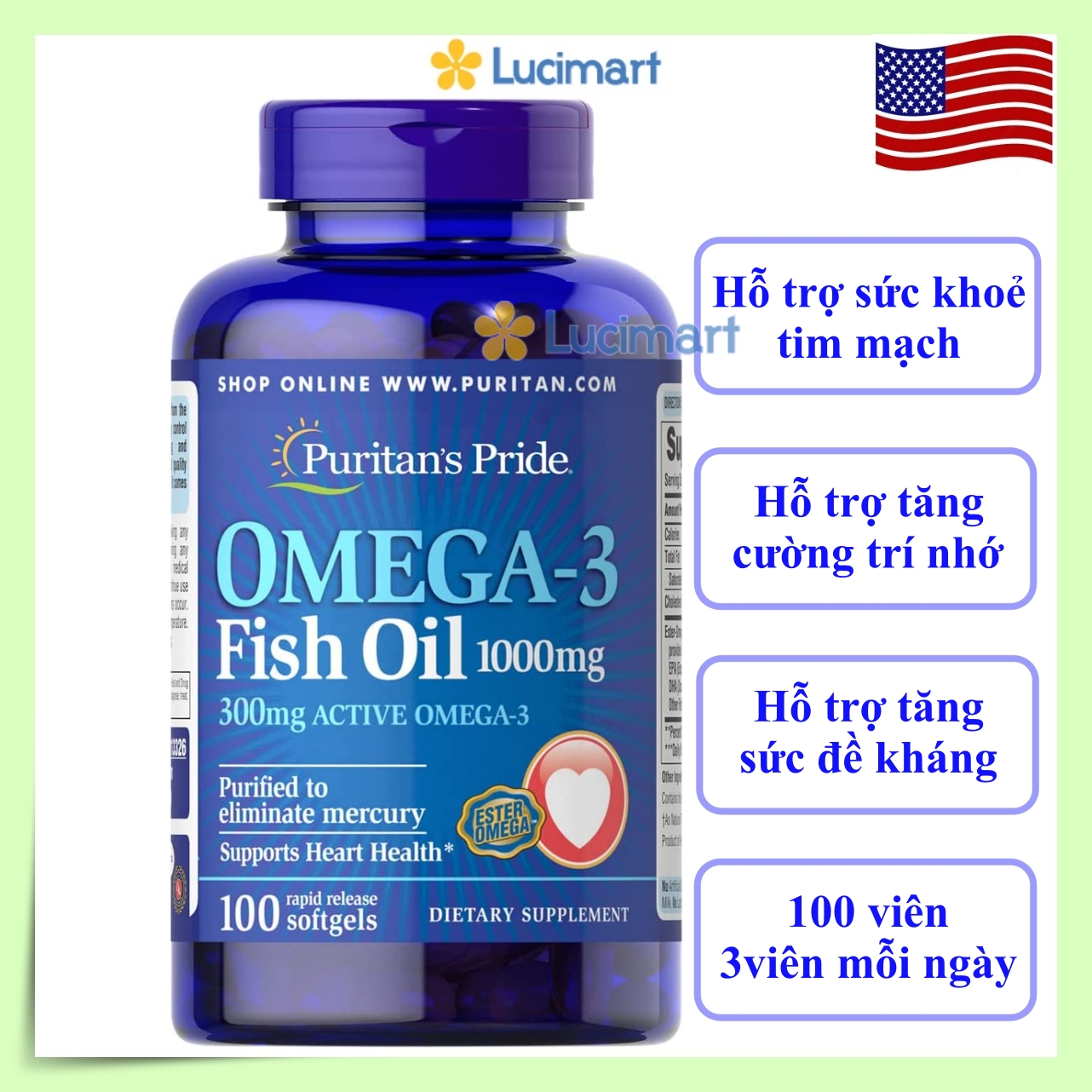 Viên uống dầu cá Omega-3 Fish Oil 1000mg Puritan s Pride hỗ trợ sức khoẻ