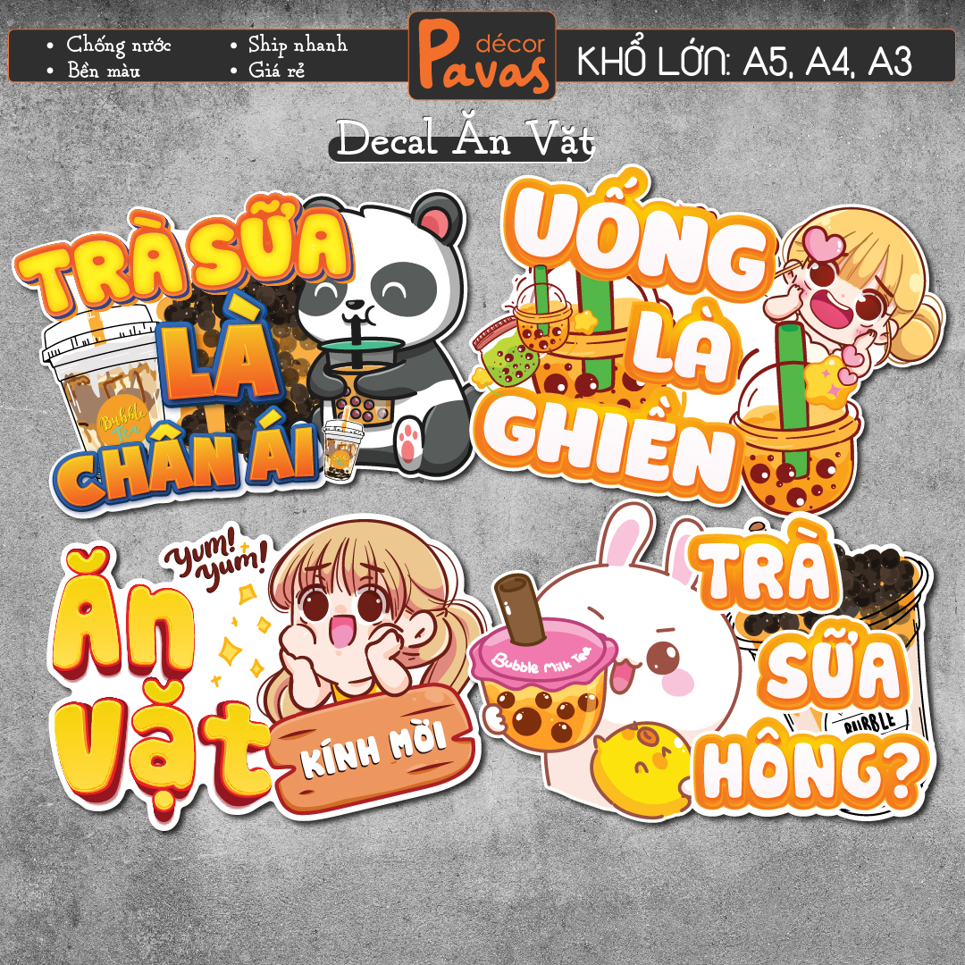 Decal Ăn Vặt chống nước trang trí dán quán trà sữa, cà phê, quán ăn, dán tường, tủ.