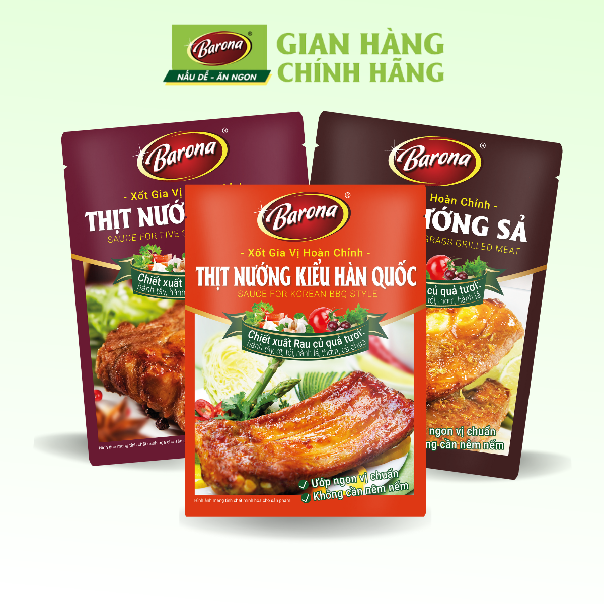 Combo 1 Gói Gia Vị Thịt Nướng Hàn Quốc Barona 80g + 1 gói Thịt Nướng Ngũ Vị 80g + 1 gói Thịt Nướng Sả 80g