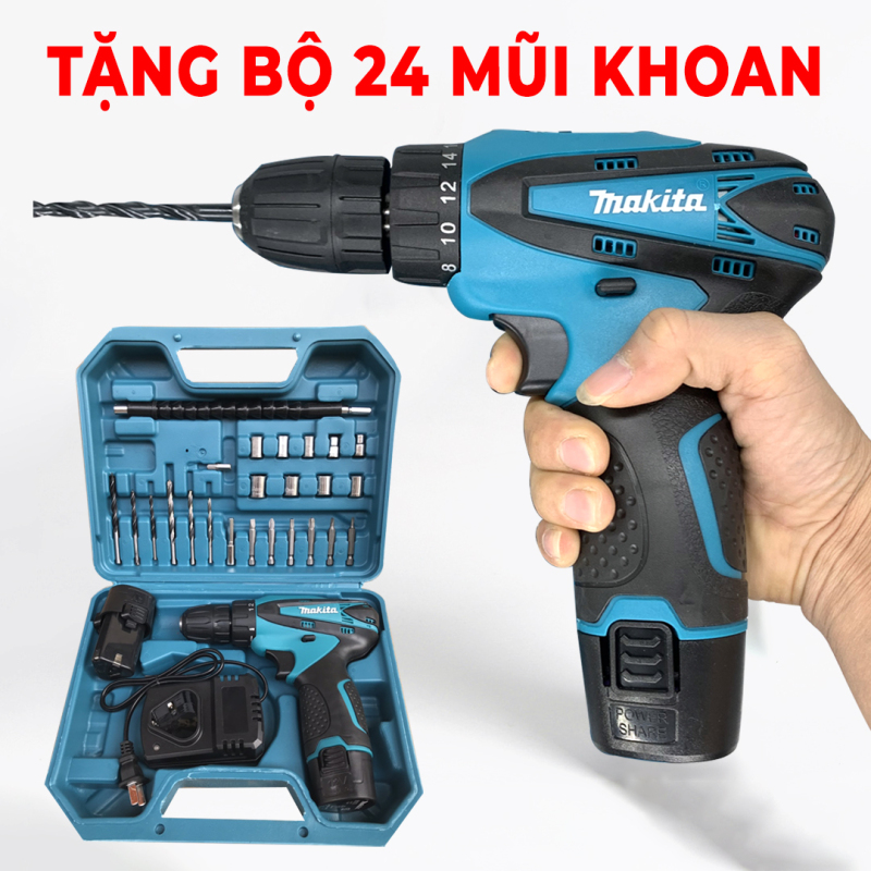 Máy khoan pin bãi nhật, Máy khoan pin giá rẻ TPHCM, Máy Khoan 2 Pin Makita 12v Kèm Phụ Kiện, hàng cao cấp, hộp nhựa, bảo hành 12 tháng toàn quốc