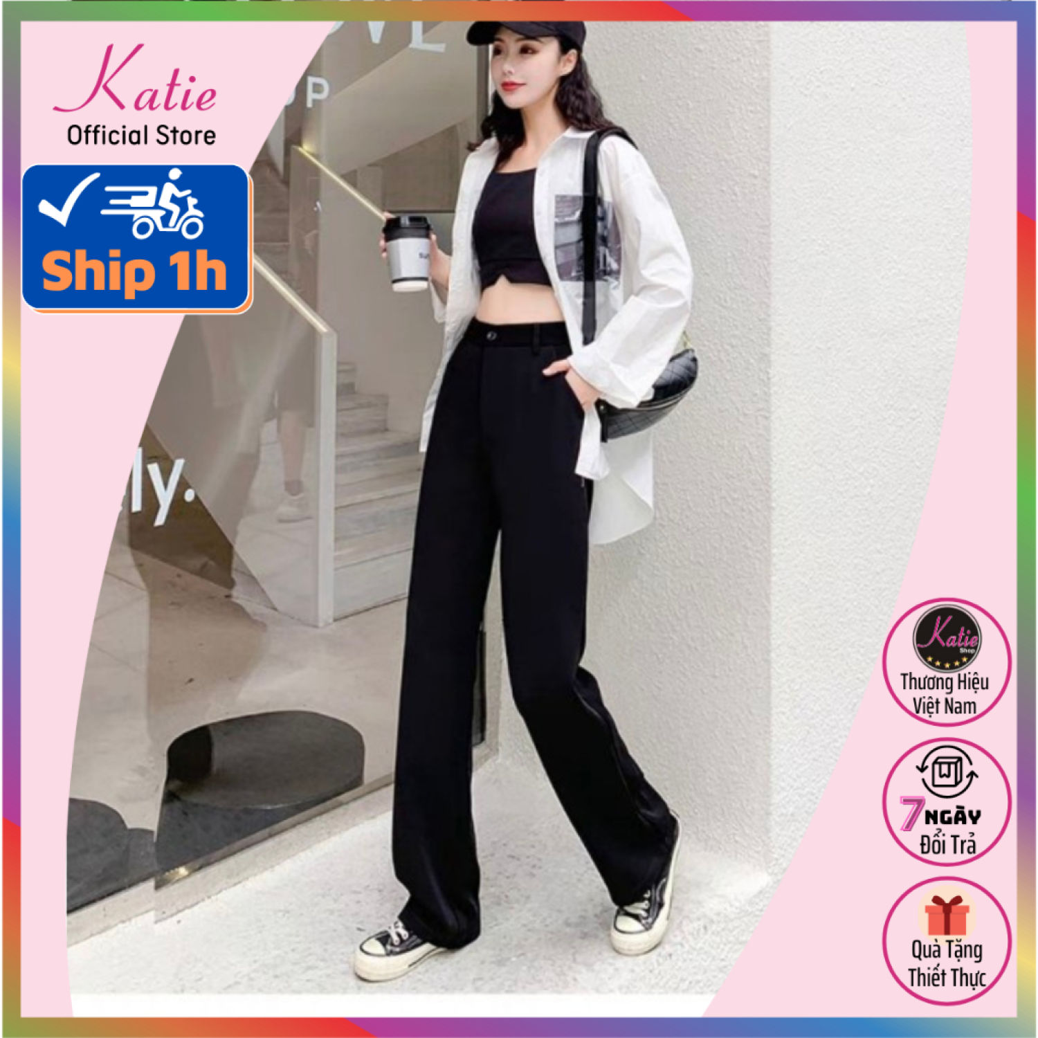 Quần ống suông đen katie quần ống rộng chất vải tupsi rũ đẹp thoáng mát kiểu quần suông ống đứng không kén dáng