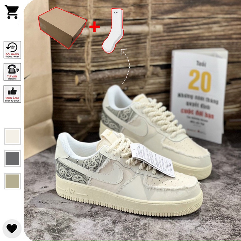 [Full Box Bill ] Giày thể thao AF1 dây thừng họa tiết Paisley màu kem, Giày sneaker thổ cẩm dây thừng full size 36-43