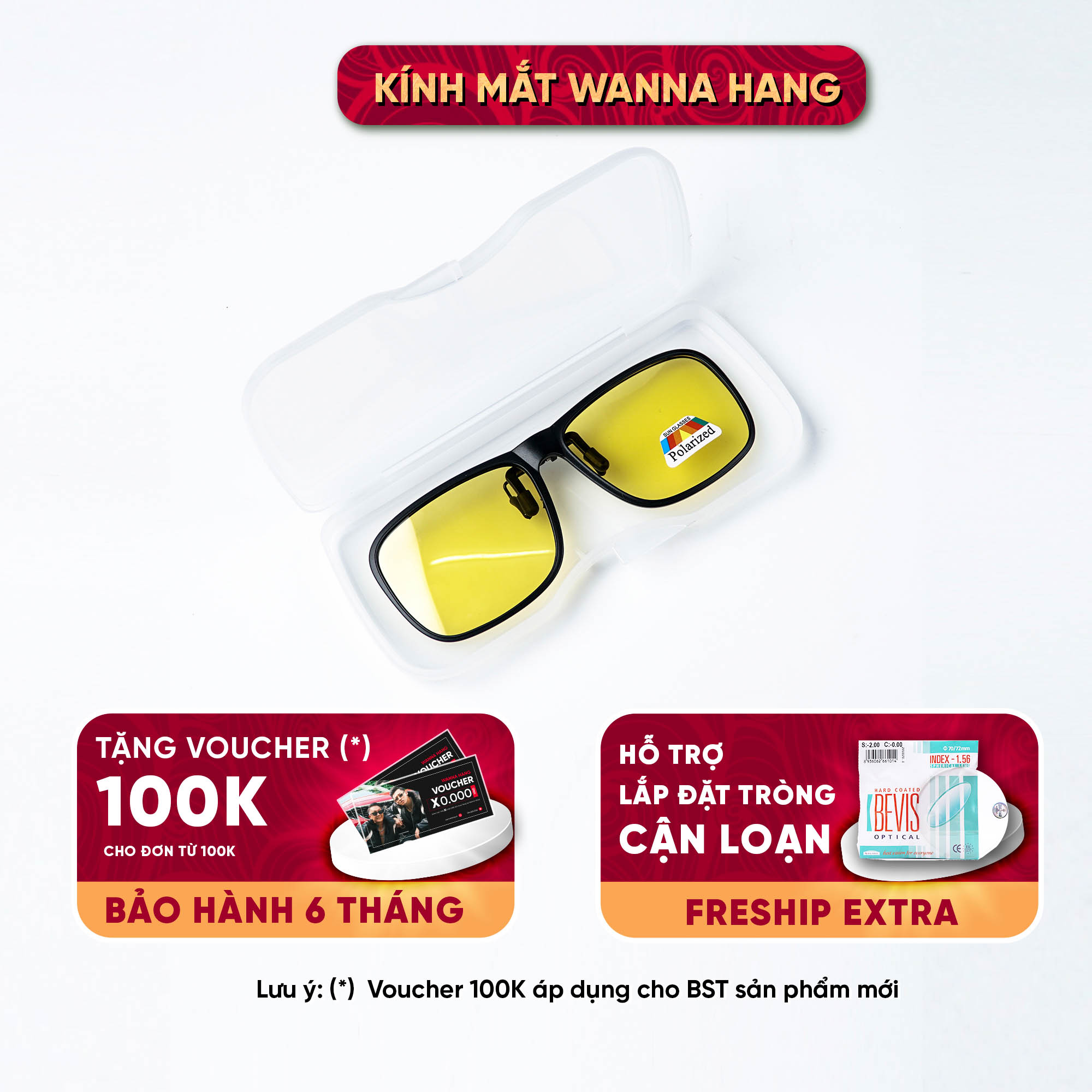 Tròng kính râm cận di động dạng kẹp dáng chữ nhật chống tia UV chống loá tháo lắp dễ dàng Wanna Hang PK10