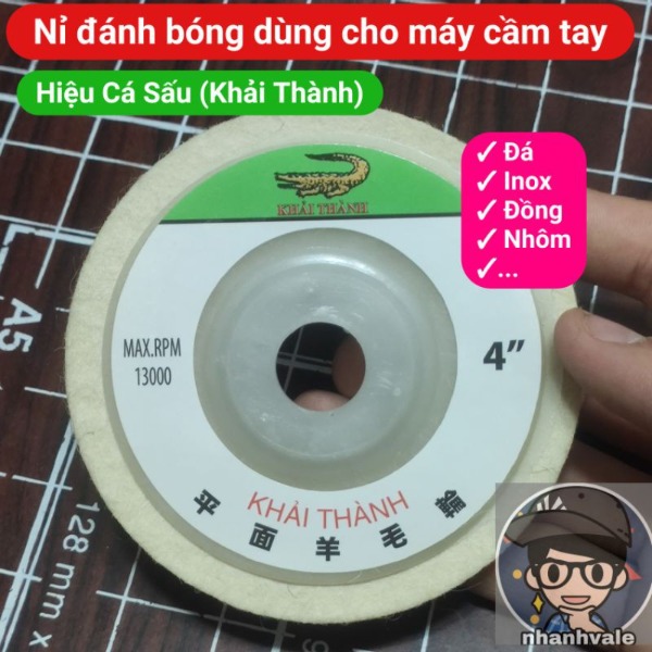 Nỉ trắng đánh bóng dùng cho máy cầm tay, 100mm lỗ 16mm, dùng đánh bóng đá, inox, đồng, nhôm