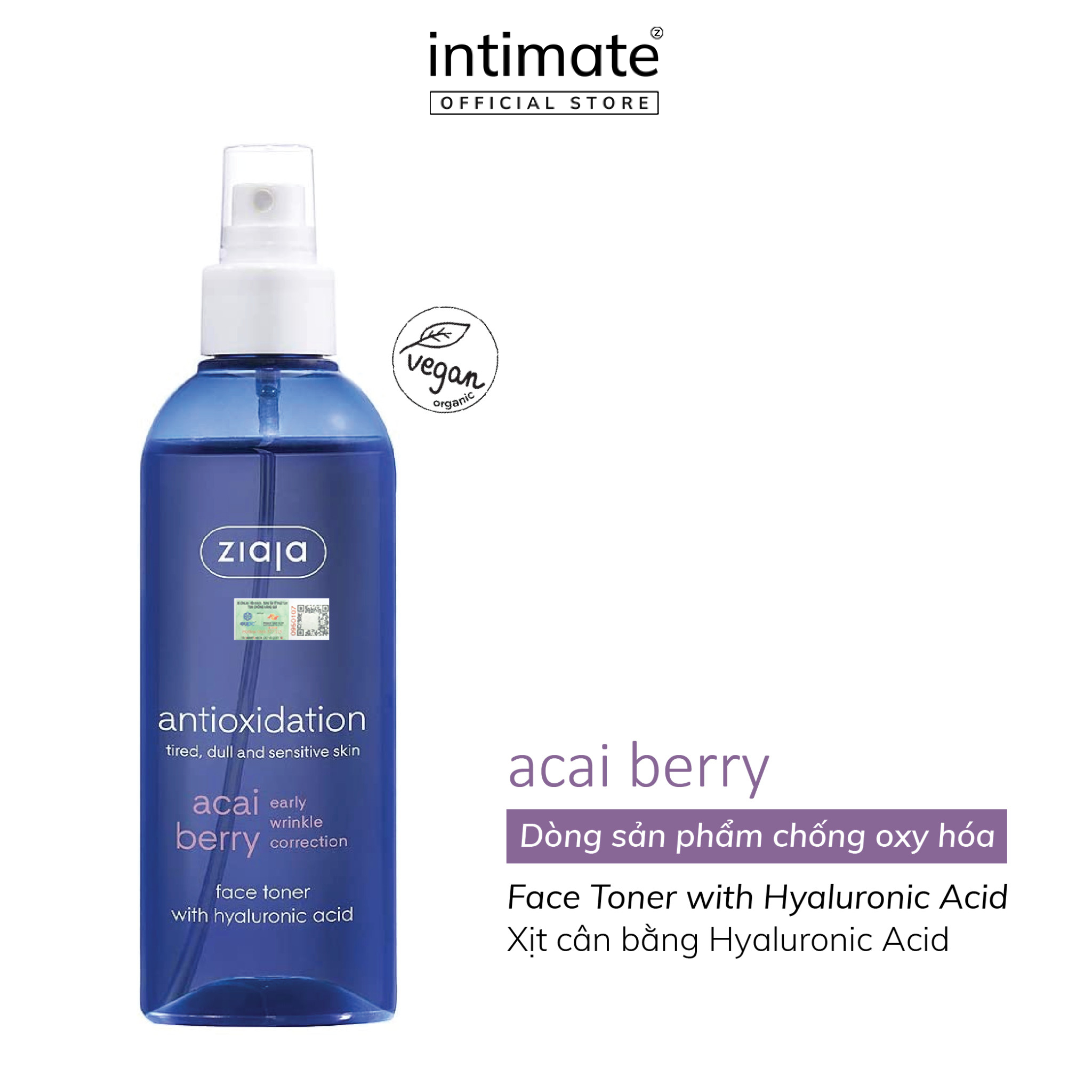 Xịt khoáng cân bằng da acai berry face toner with hyaluronic acid ziaja baniphar hỗ trợ chống oxy hóa, cấp ẩm 200ml
