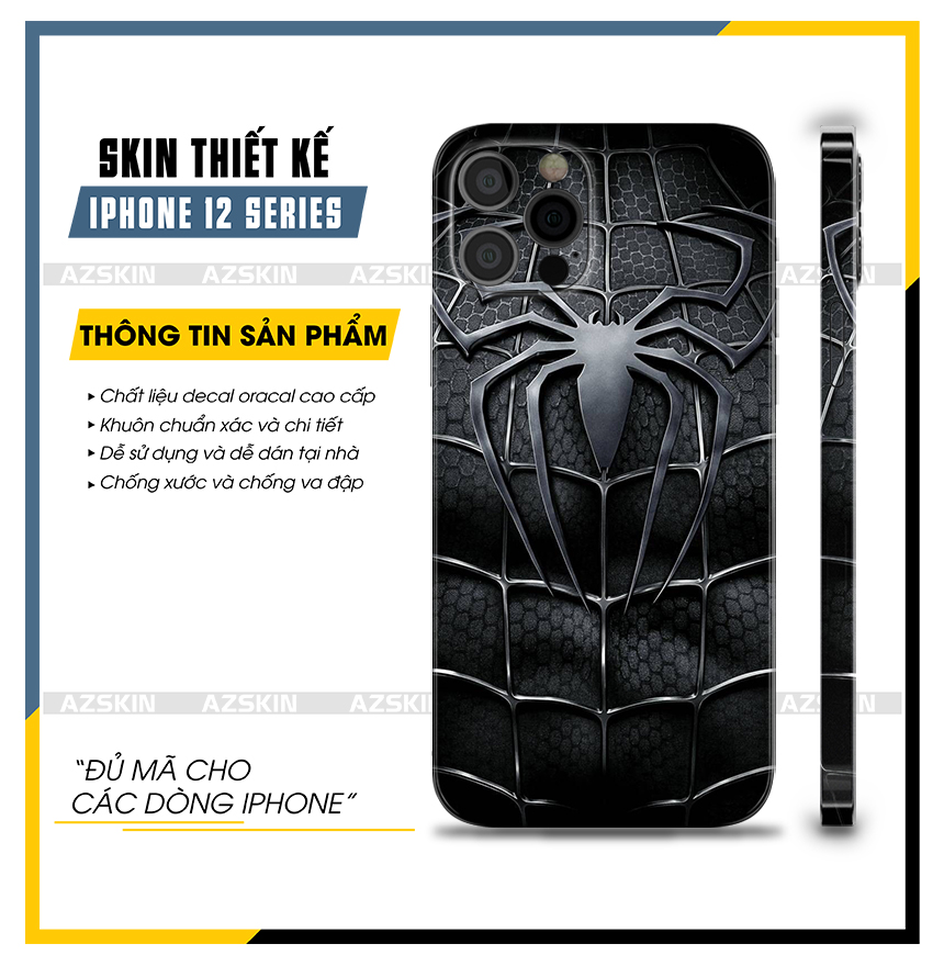 Dán skin người nhện black iphone 12 mini - 12 pro max |sk_ipda07|dán lưng viền iphone chống xước, bền màu, cắt khuôn sẵn