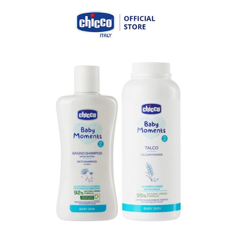 Combo Sữa tắm gội chiết xuất Hoa cúc 0M+ Chicco 200ml và Phấn rôm tinh bột Gạo Chicco 150gr