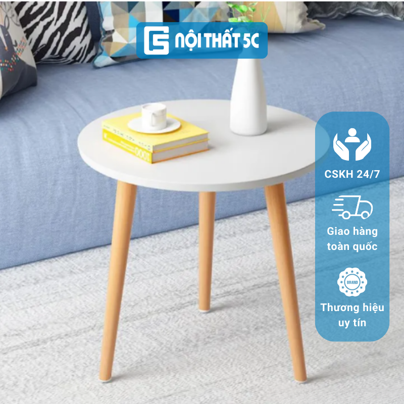 Bàn trà mặt tròn chân gỗ tự nhiên (Mặt 48cm), Bàn trà tròn sofa phong cách Bắc Âu chân gỗ tự nhiên bọc simili
