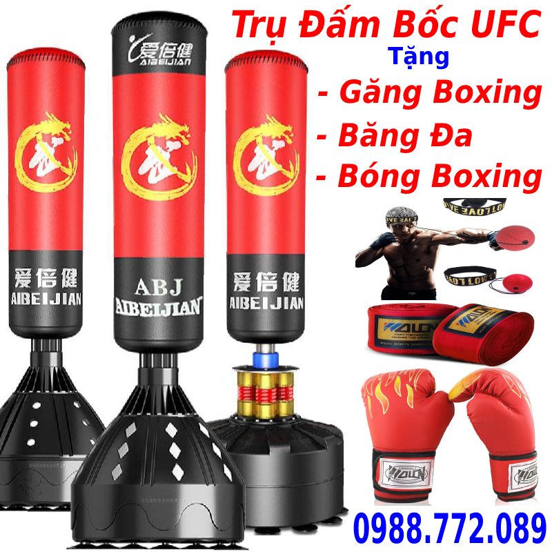 Bao cát trụ đấm bốc phản xạ liên hoàn tự đứng thế hệ mới tặng 04 phụ kiện găng tay rồng lửa+ băng đa + bóng phản xạ + giác hút cao su - Tăng cường thể lực, giảm mỡ tăng cơ, tăng sức bền, khả năng phản xạ