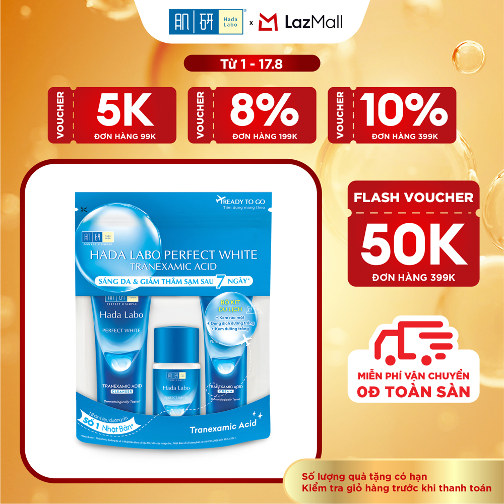 Bộ travel size dưỡng trắng Hada Labo Perfect White Tranexamic Acid Travel Set (Kem rửa mặt 15g+Dung dịch dưỡng 20ml+Kem dưỡng 12g)