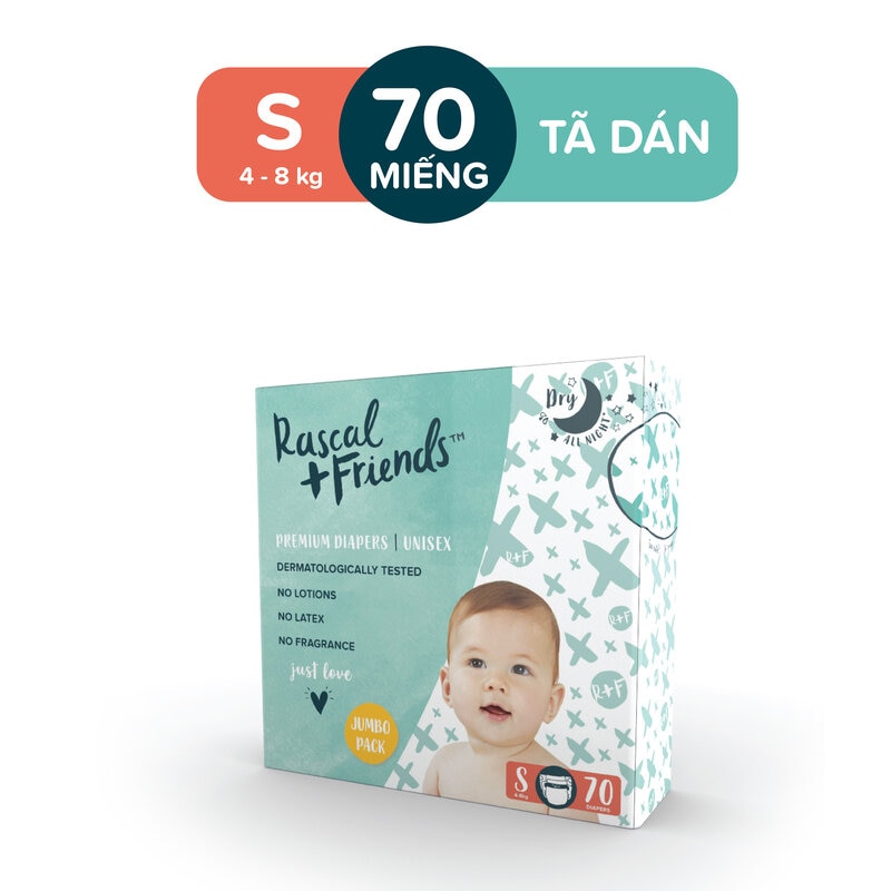 Tã/bỉm dán rascal + friends size s 70 miếng