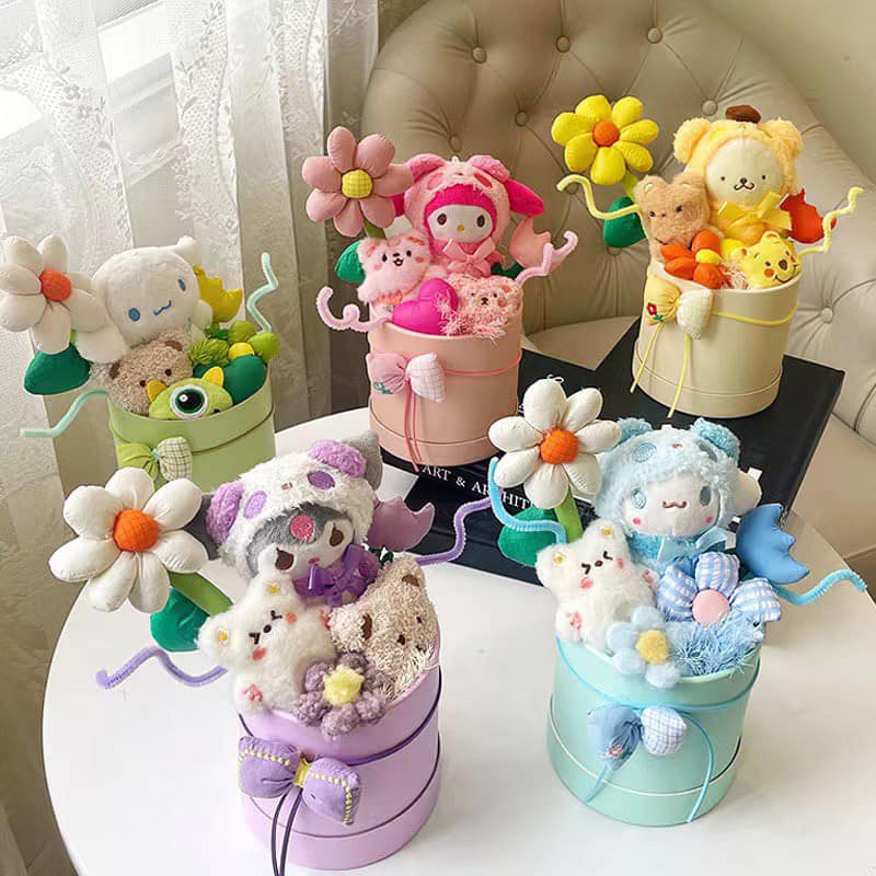 Chậu hoa gấu bông, bó hoa gấu bông cute mẫu gấu dâu, melody, kuromi, cinomoroll dễ thương có ảnh thật
