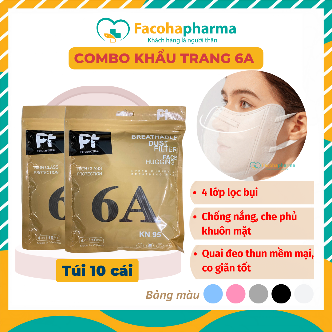 Combo khẩu trang 6A PT mask chính hãng 4 lớp dày dặn chống bụi mịn chống nắng đủ màu sắc thời trang PT6AO