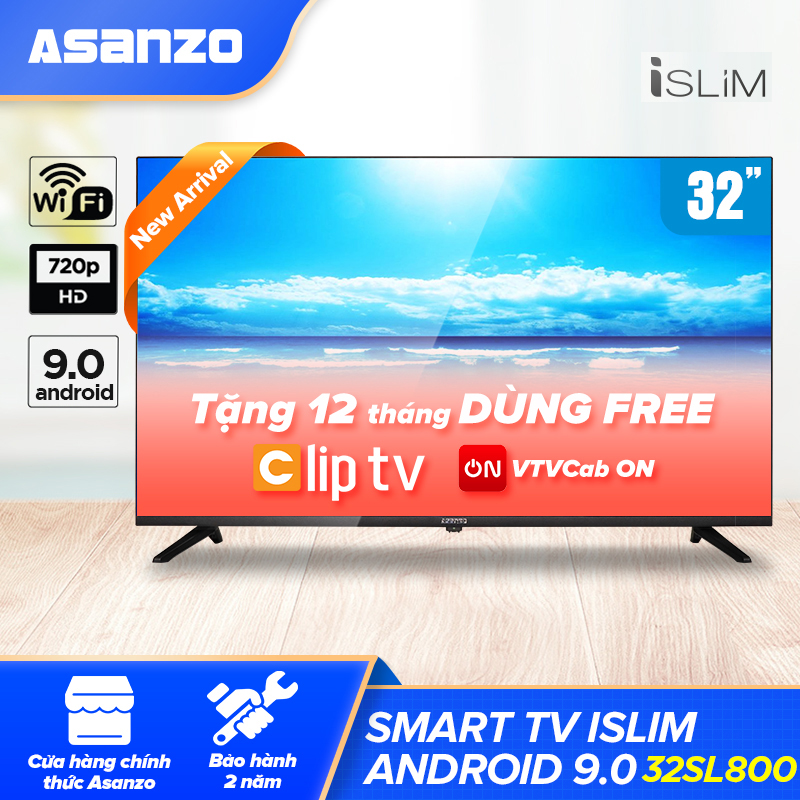 Smart TV Asanzo 32 Inch HD ISLIM 32SL800 Miễn Phí 2 Tháng VTVcab ON  VIP[Miễn Phí 12 Tháng Clip TV ] (HD Ready Android 9.0 Tích Khắc Phục Lỗi Youtube Kết Nối Điện Thoại, viền kim loại, siêu mỏng