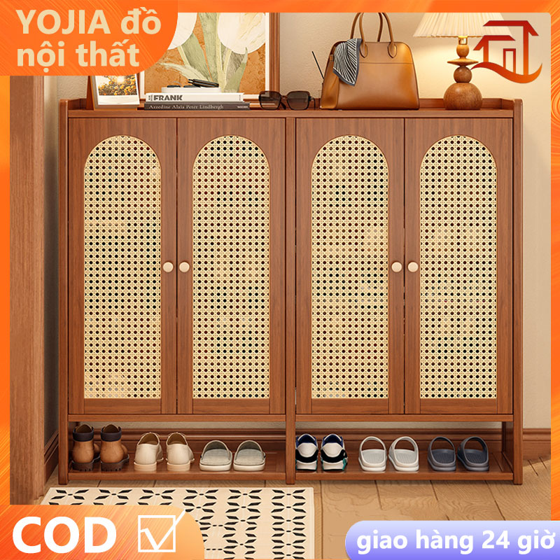 Tủ giày phong cách retro Tủ giày tre gỗ công suất lớn Tủ mây cửa nhiều lớp chất lượng cao Tủ giày gia đình đơn giản