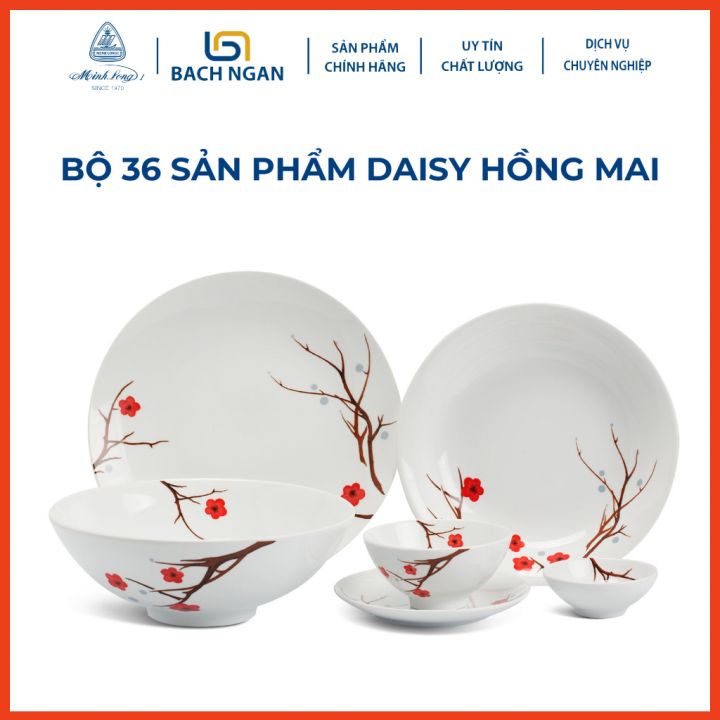 Bộ chén dĩa Minh Long 36 sản phẩm Daisy Hồng Mai hàng sứ cao cấp dùng trong gia đình, đãi khách hay tặng quà tết - bộ bàn ăn