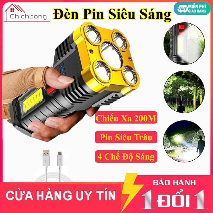 [Bản PRO] Đèn pin cầm tay siêu sáng 5 bóng chiếu xa 200m, chống thấm nước, pin trâu 4 chế độ sáng, có COB Led cạnh, đèn pin cầm tay mini, đèn pin siêu sáng, đèn pin 5 bóng
