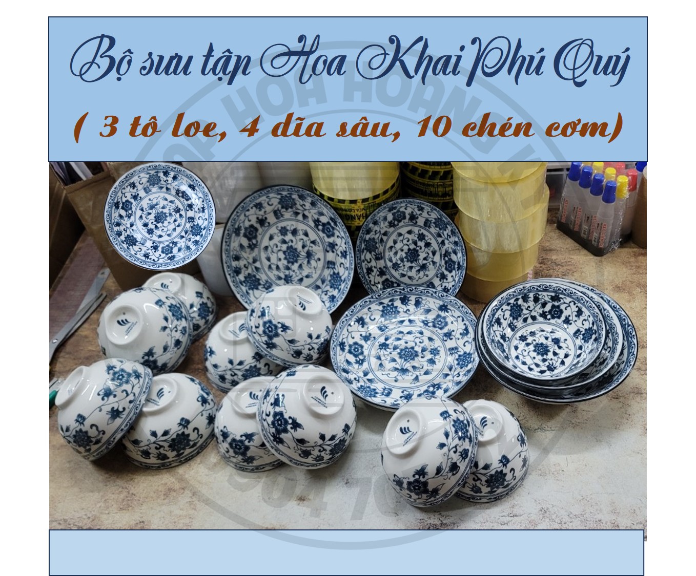 Bộ tô, chén, đĩa gốm sứ 4d họa tiết hoa khai phú quý