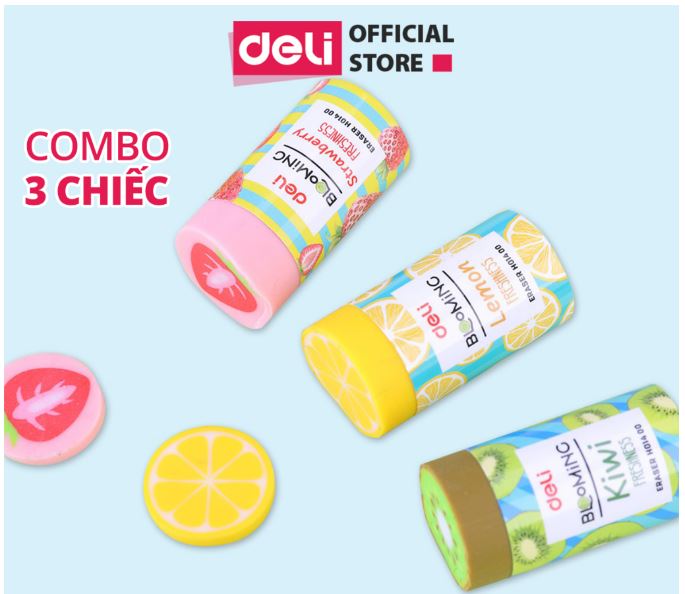 Gôm tẩy 2b deli hình hoa quả dễ thương kiwi, dâu, chanh - tẩy sạch ít vụn tẩy