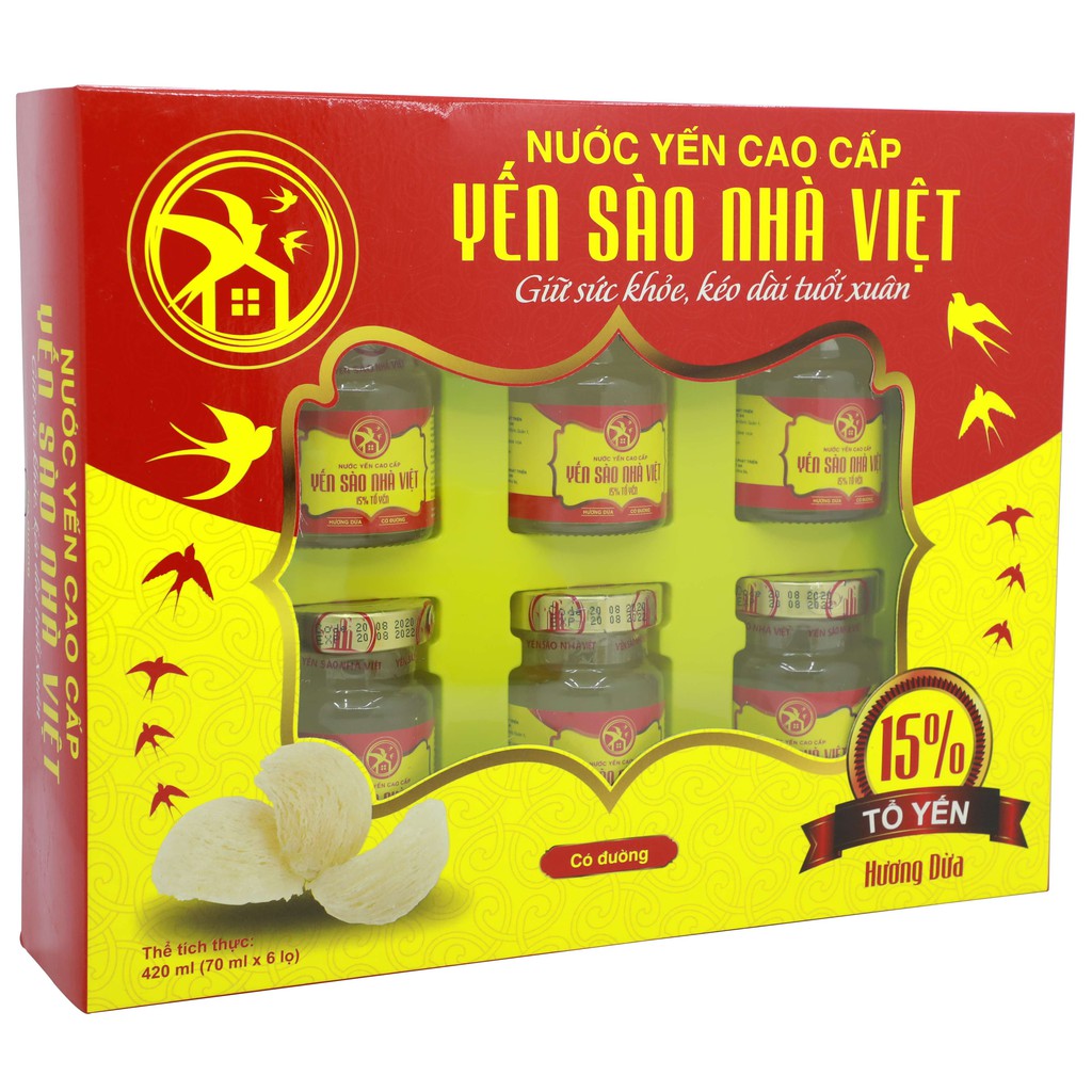 Nước Yến Sào Nhà Việt Có Đường Hương Dừa 15% Yến - Hộp 6 Lọ x 70ml
