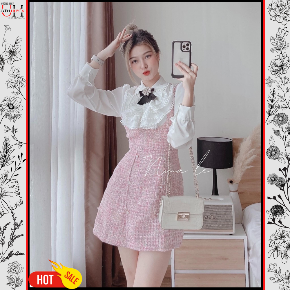 Đầm dạ hồng phối sơ mi tiểu thư phối cúc ngọc tay bồng xinh xắn, đầm dạ hội dự tiệc cưới, đầm dạ tweed, đầm dạ tweed hồng, đầm dạ tweed nữ, đầm dạ tweed cúc ngọc, đầm dạ tweed dáng A