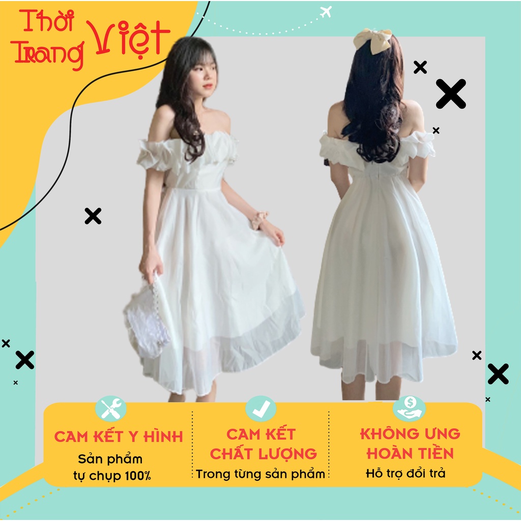 Đầm trễ vai dự tiệc kiểu dáng công chúa, Váy trắng công chúa phối bèo thích hợp dự tiệc sang chảnh