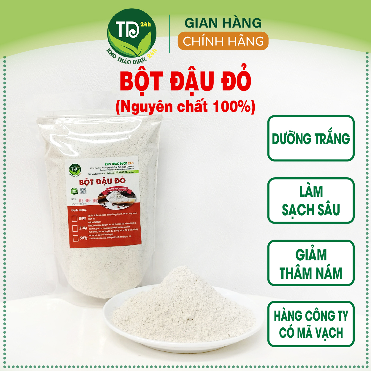 Bột đậu đỏ nguyên chất 100%, làm đẹp, sạch da mặt, trị mụn, giảm sạm da, tắm trắng, thu nhỏ lỗ chân lông [100 gr - 250 gr - 500 gr] I Kho Thảo Dược 24h