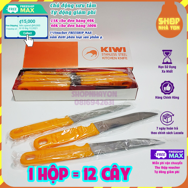 Hộp 12 bộ dao bếp Kiwi Thái Lan cán vàng mũi nhọn 511 chất liệu thép không rỉ, dao gọt trái cây rau củ quả lưỡi daosiêu bén cán chống trơn trượt cao