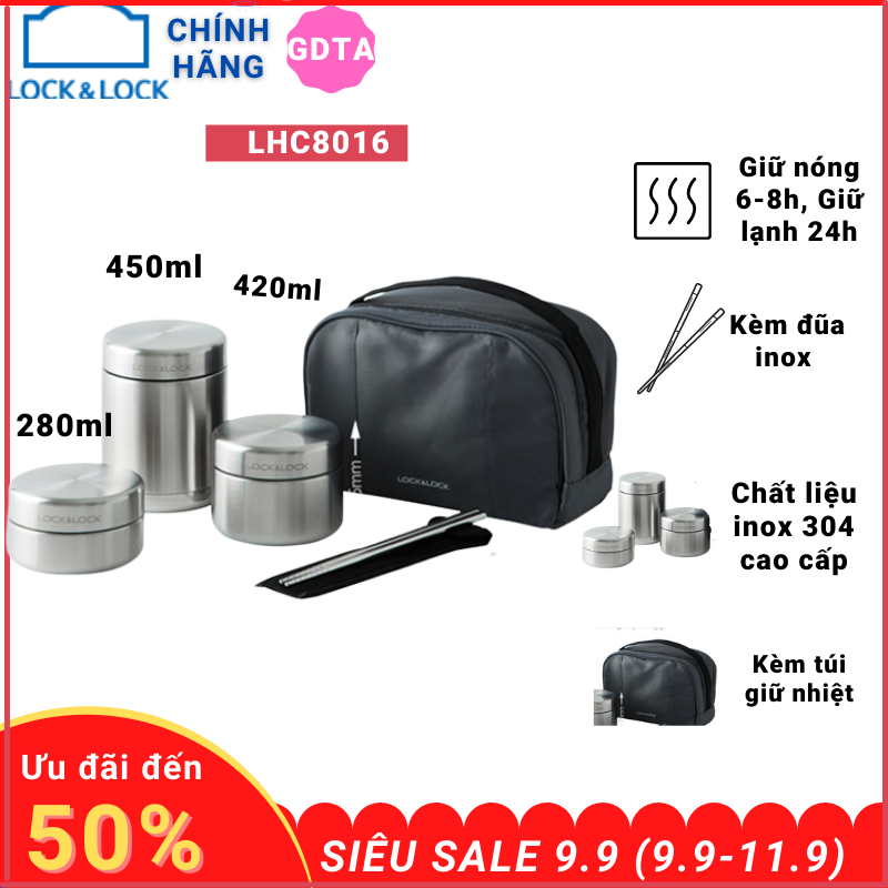 Hộp cơm giữ nhiệt inox 304 kèm đũa và túi giữ nhiệt Lock&Lock LHC8016