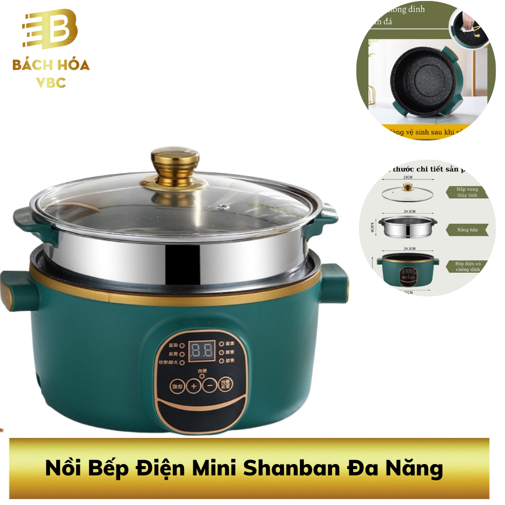 Bếp Điện Mini Shanban Đa Năng, Nồi Lẩu Cắm Điện Có Lớp Chống Dính Vân Đá Thông Minh