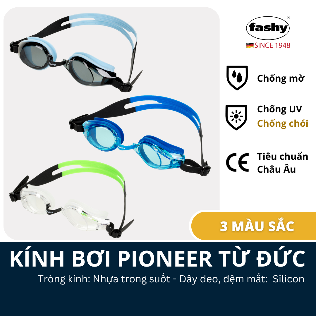 Kính bơi người lớn thương hiệu Fashy nhập khẩu từ Đức dòng “Pioneer” tiêu chuẩn chất lượng Châu Âu, chống mờ, chống tia UV, size L dành cho nam, nữ, trẻ em từ 12 tuổi trở lên