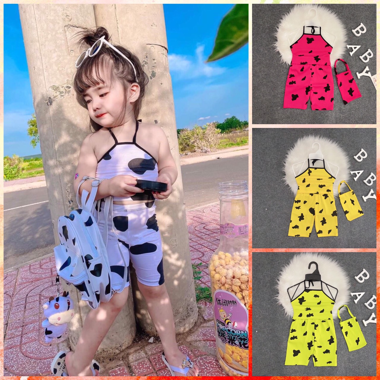 Quần áo bé gái - set body bò sữa kèm túi cho bé gái size 6 - 16 ký