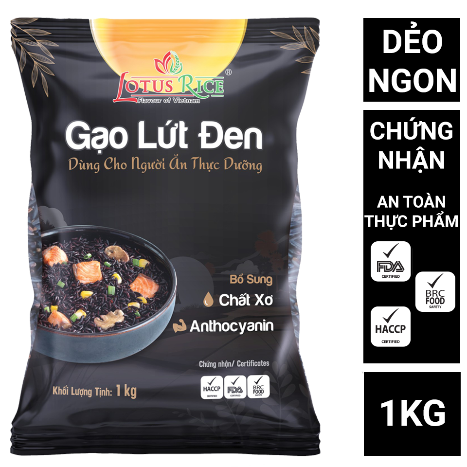 Gạo Lứt Đen dẻo mềm thơm Lotus Rice 1kg - Tốt cho người ăn thực dưỡng - Dễ ăn dễ nấu - Đạt nhiều chứng nhận an toàn thực phẩm