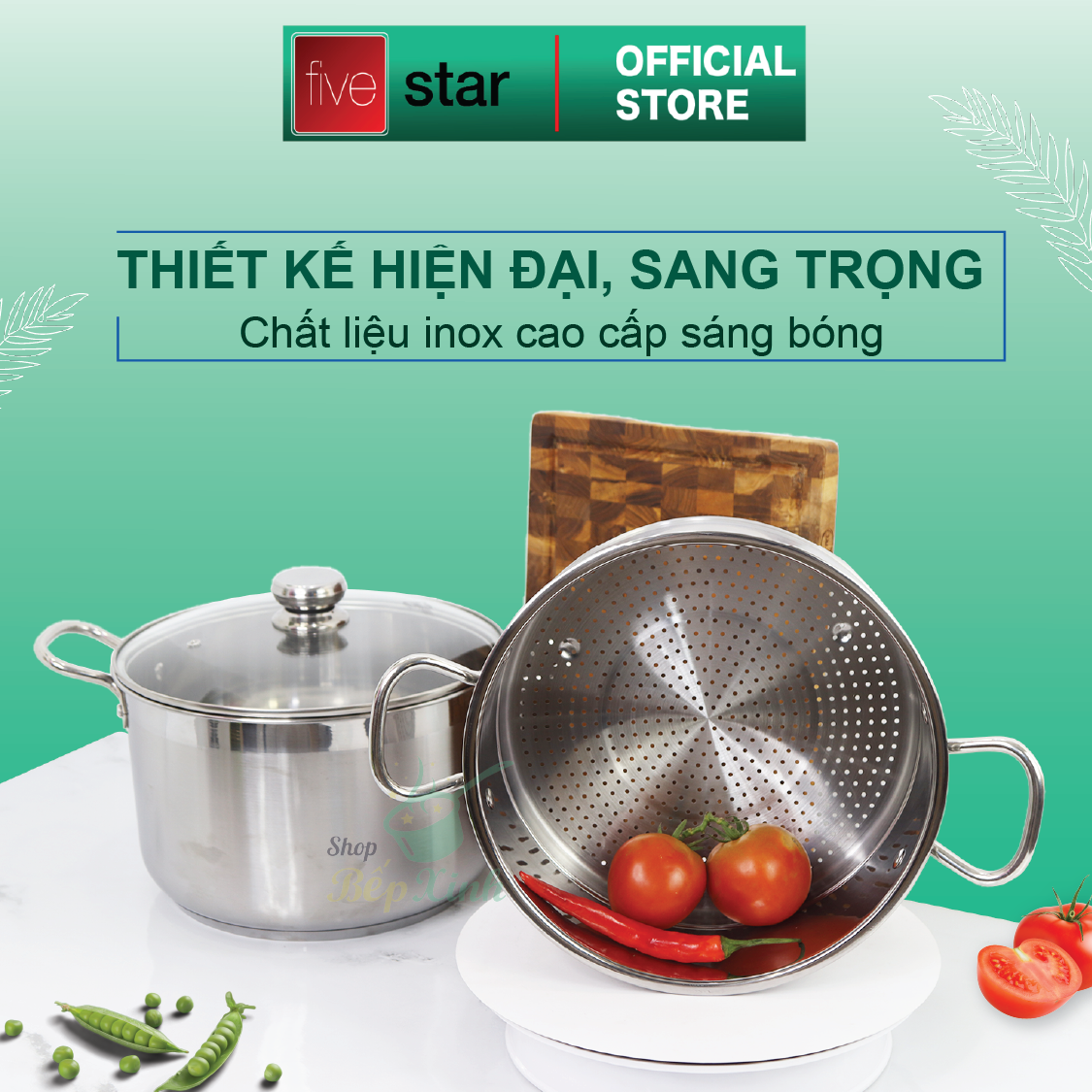 Bộ nồi xửng hấp 3 đáy từ cao cấp FiveStar inox 430 nắp kính  ( 24cm / 26cm / 28cm / 30cm / 32cm) , dùng được bếp từ , hồng ngoại , gas