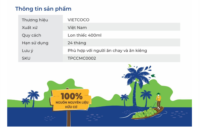 Nước cốt dừa VietCoco hữu cơ 400ml