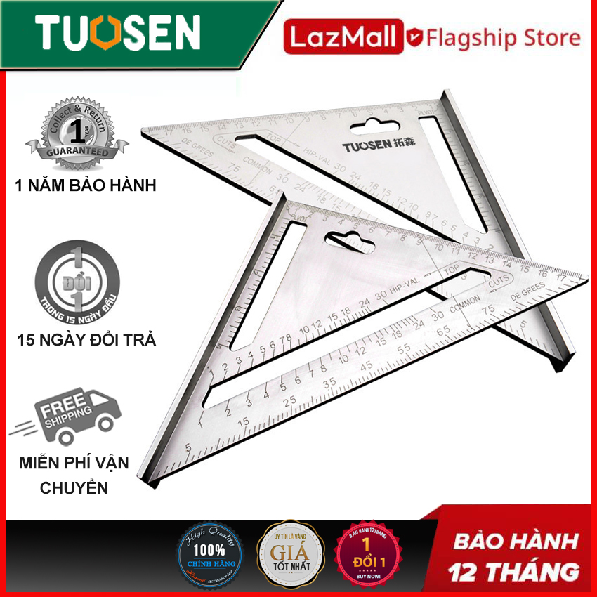 Thước tam giác, thước gỗ góc phải 7inch, 180mm, 45 độ hợp kim nhôm TUOSEN